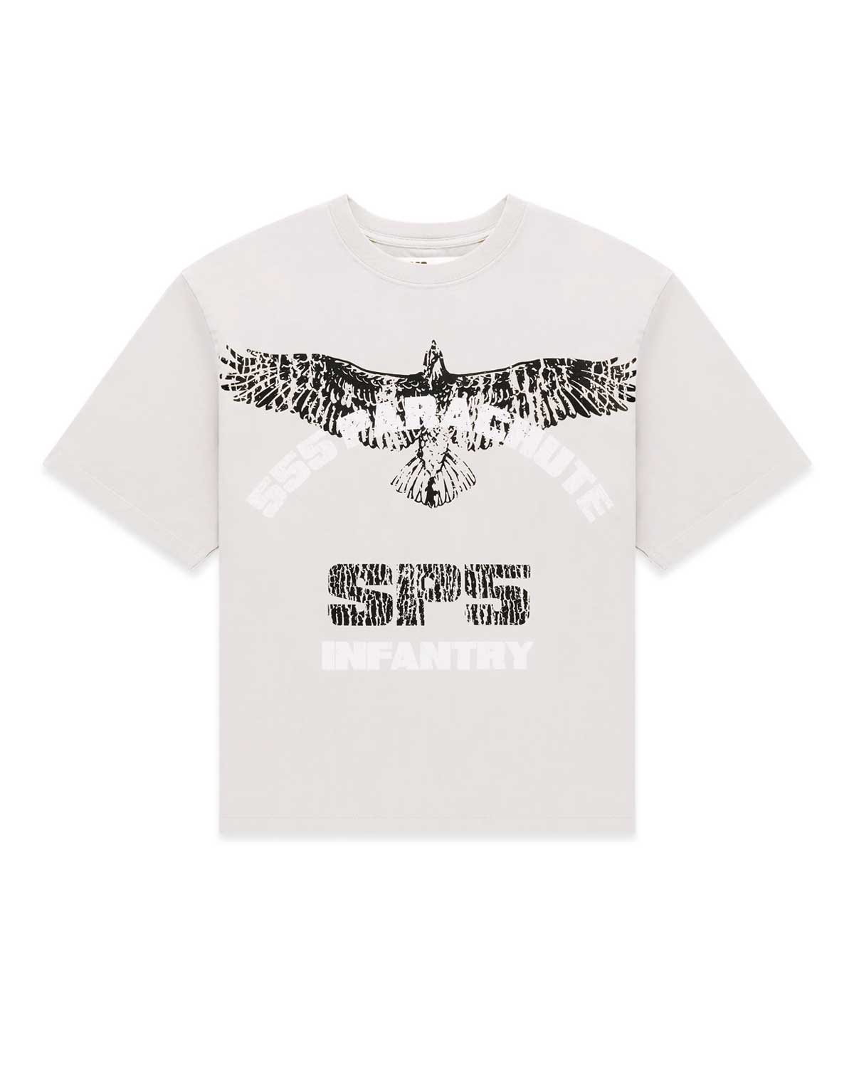 Sp5der Infantry Tee white, bone cotton T-Shirt with black eagle, 555 Parachute arch and SP5 Infantry lettering, front view