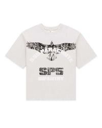 Sp5der Infantry Tee white, bone cotton T-Shirt with black eagle, 555 Parachute arch and SP5 Infantry lettering, front view