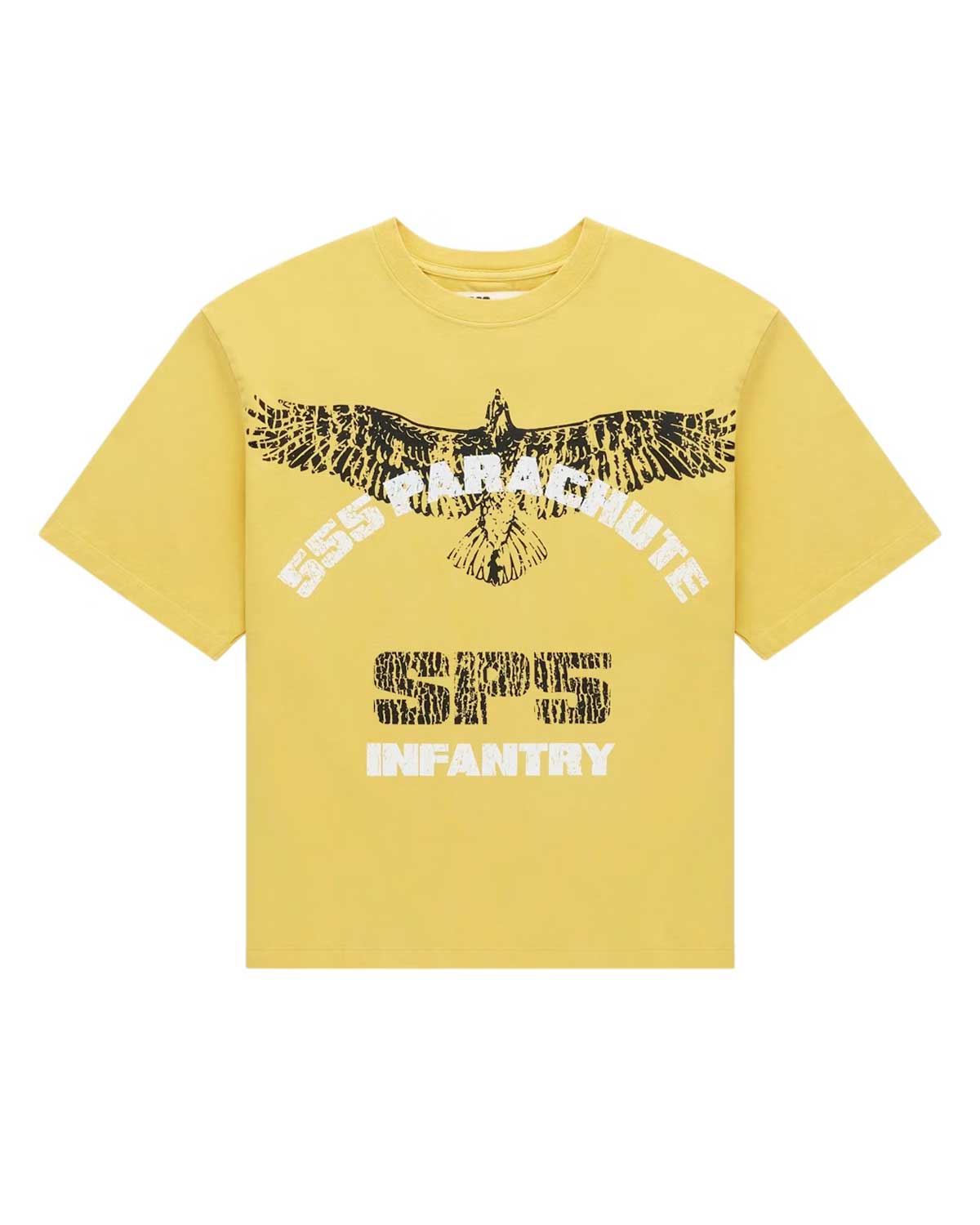 Sp5der Infantry Tee yellow, golden-yellow cotton T-Shirt with black eagle and 555 Parachute arch, front view