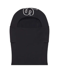Sp5der Jumbo Logo Face Mask black, black stretch balaclava with an oversized white outlined sp5der wordmark across the crown, front view