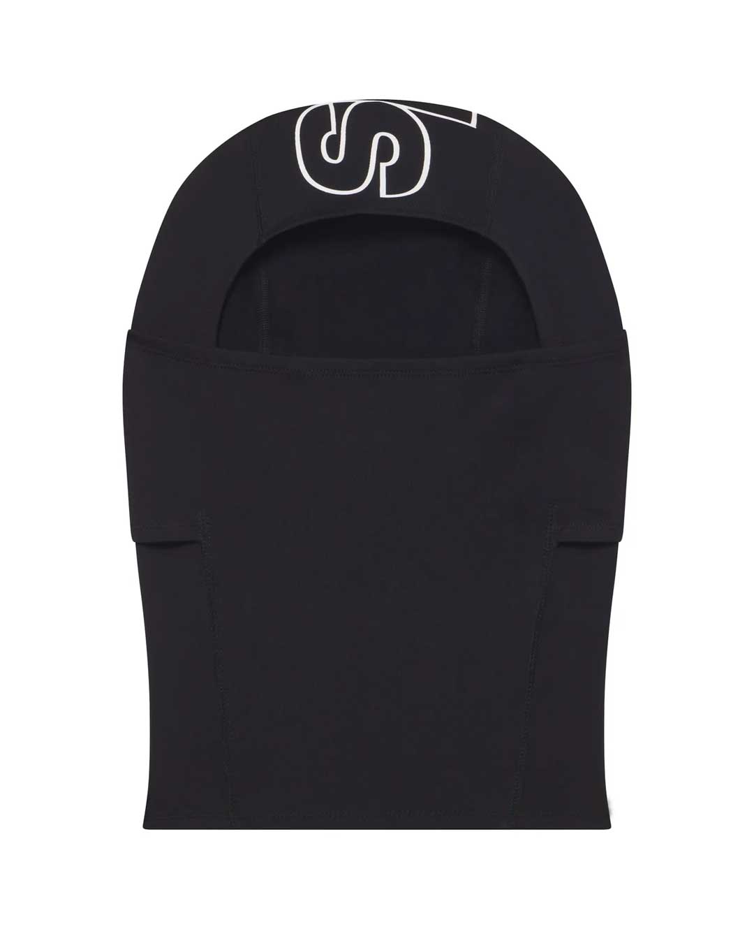 Sp5der Jumbo Logo Face Mask black, black stretch balaclava with an oversized white outlined sp5der wordmark across the crown, front view