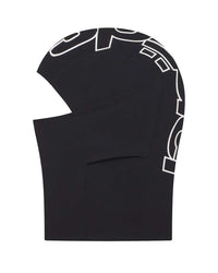Sp5der Jumbo Logo Face Mask black, side view showing the outlined sp5der wordmark wrapping around the hood