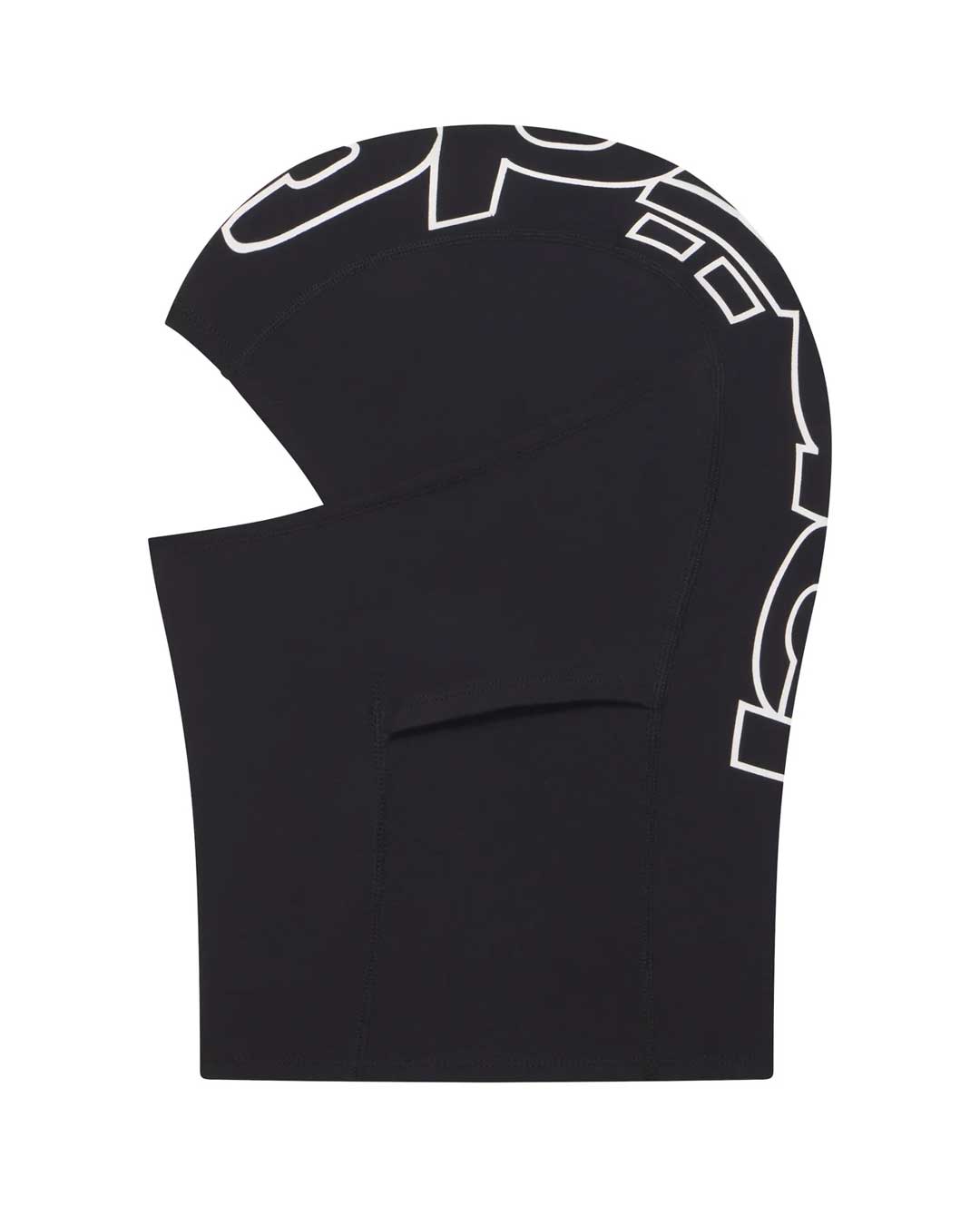 Sp5der Jumbo Logo Face Mask black, side view showing the outlined sp5der wordmark wrapping around the hood