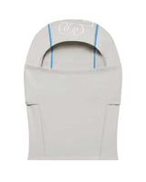 Sp5der Jumbo Logo Face Mask grey and blue, light grey stretch balaclava with a white outlined sp5der wordmark and blue contrast stitching, front view