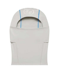 Sp5der Jumbo Logo Face Mask grey and blue, light grey stretch balaclava with a white outlined sp5der wordmark and blue contrast stitching, front view