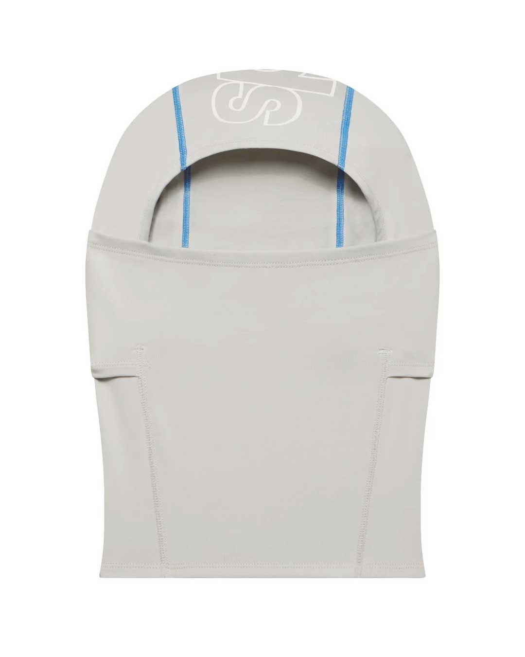 Sp5der Jumbo Logo Face Mask grey and blue, light grey stretch balaclava with a white outlined sp5der wordmark and blue contrast stitching, front view