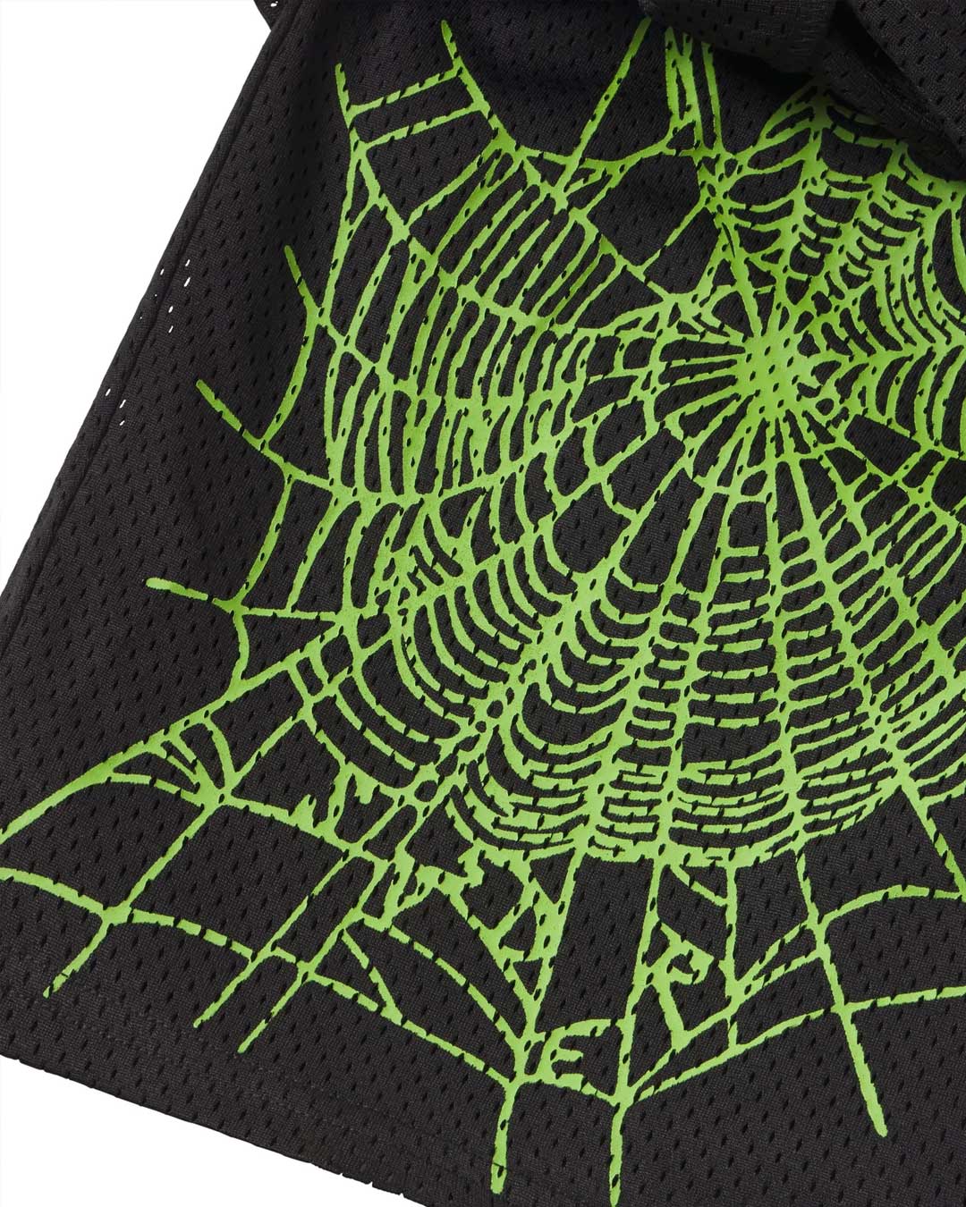 Sp5der Mesh Double Layer Shorts onyx, close-up of the lime green spiderweb print on the black mesh liner