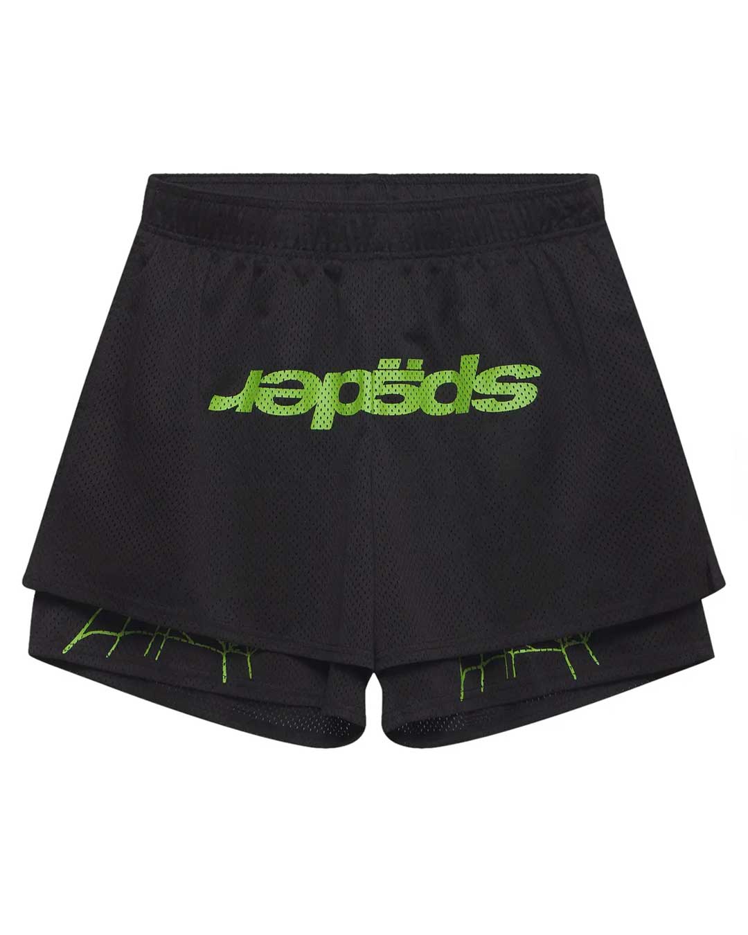 Sp5der Mesh Double Layer Shorts onyx, black mesh shorts with an inverted lime green sp5der wordmark, front view