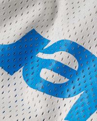 Sp5der Mesh Double Layer Shorts plastic, macro close-up of the blue sp5der wordmark printed on perforated grey mesh