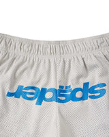 Sp5der Mesh Double Layer Shorts plastic, close-up of the blue spiderweb print on the grey mesh liner