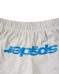 Sp5der Mesh Double Layer Shorts plastic, close-up of the blue spiderweb print on the grey mesh liner