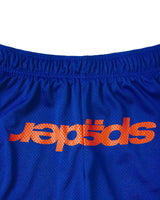 Sp5der Mesh Double Layer Shorts blue, close-up of the elastic waistband and orange sp5der wordmark on blue mesh