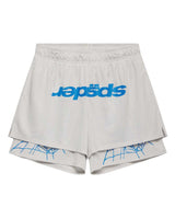 Sp5der Mesh Double Layer Shorts plastic, bone grey mesh shorts with an inverted blue sp5der wordmark, front view