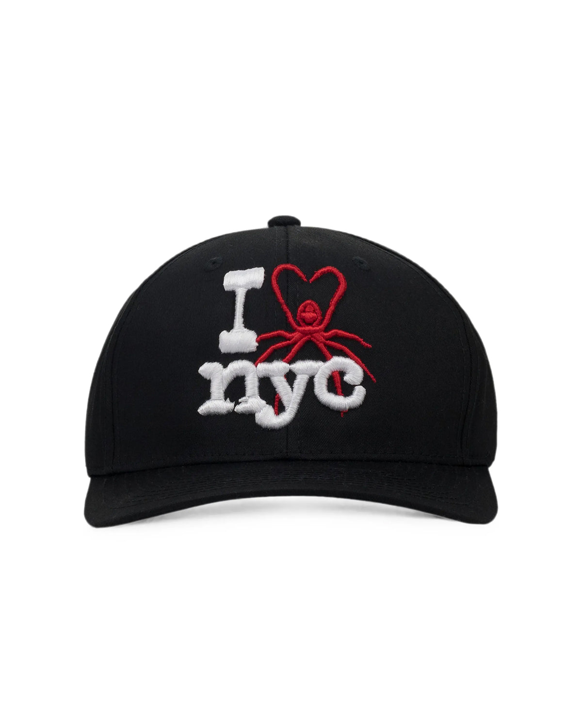 Sp5der NYC Baseball Cap black, black cap with a white I love NYC and red spider heart embroidery, front view