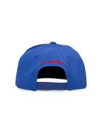 Sp5der NYC Baseball Cap blue, back view with red www.kingspider.co embroidery above the snapback strap