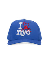 Sp5der NYC Baseball Cap blue, royal blue cap with a white I love NYC and red spider heart embroidery, front view
