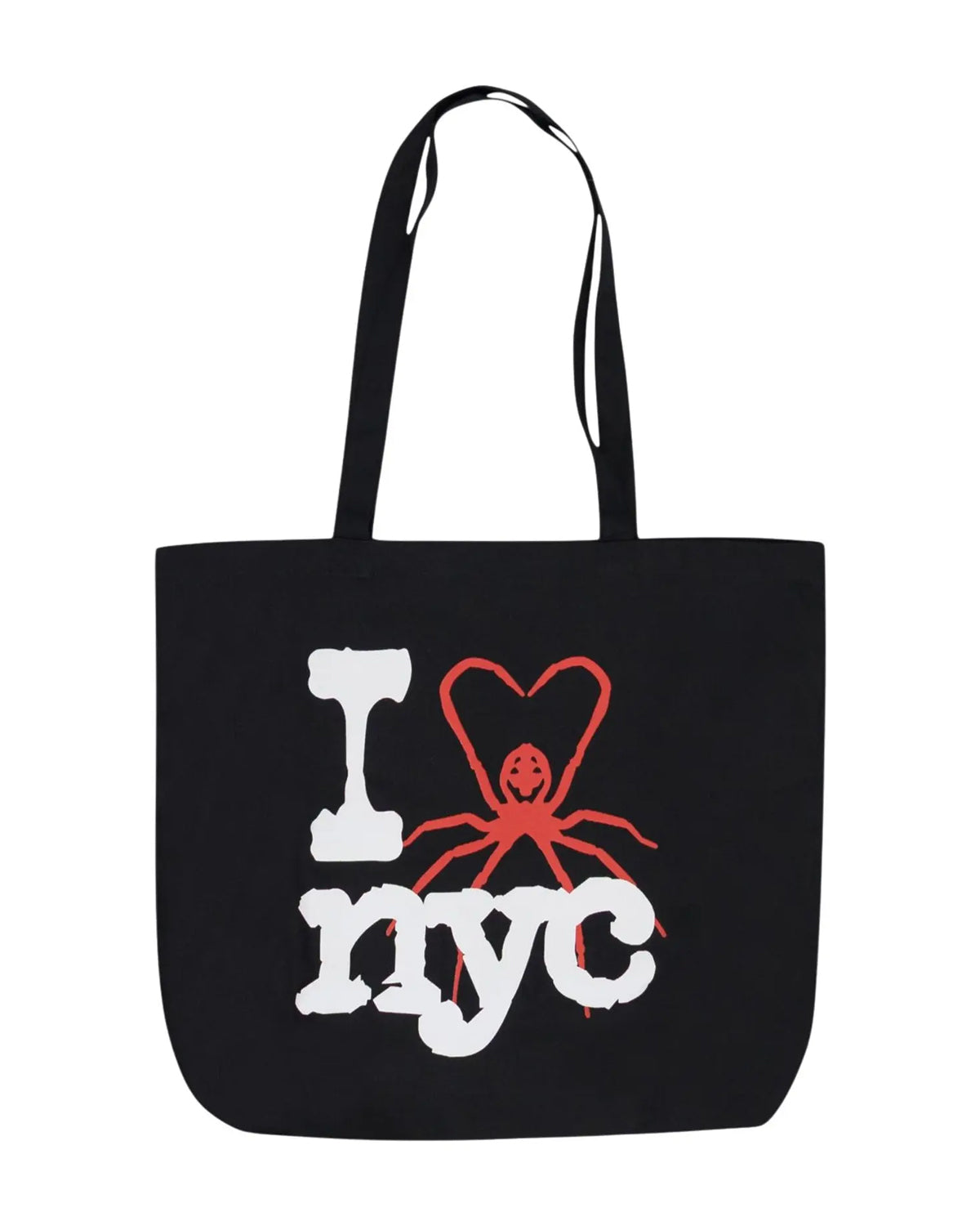 Sp5der NYC Tote Bag black, black canvas tote with a white I love NYC graphic and a red spider heart, front view