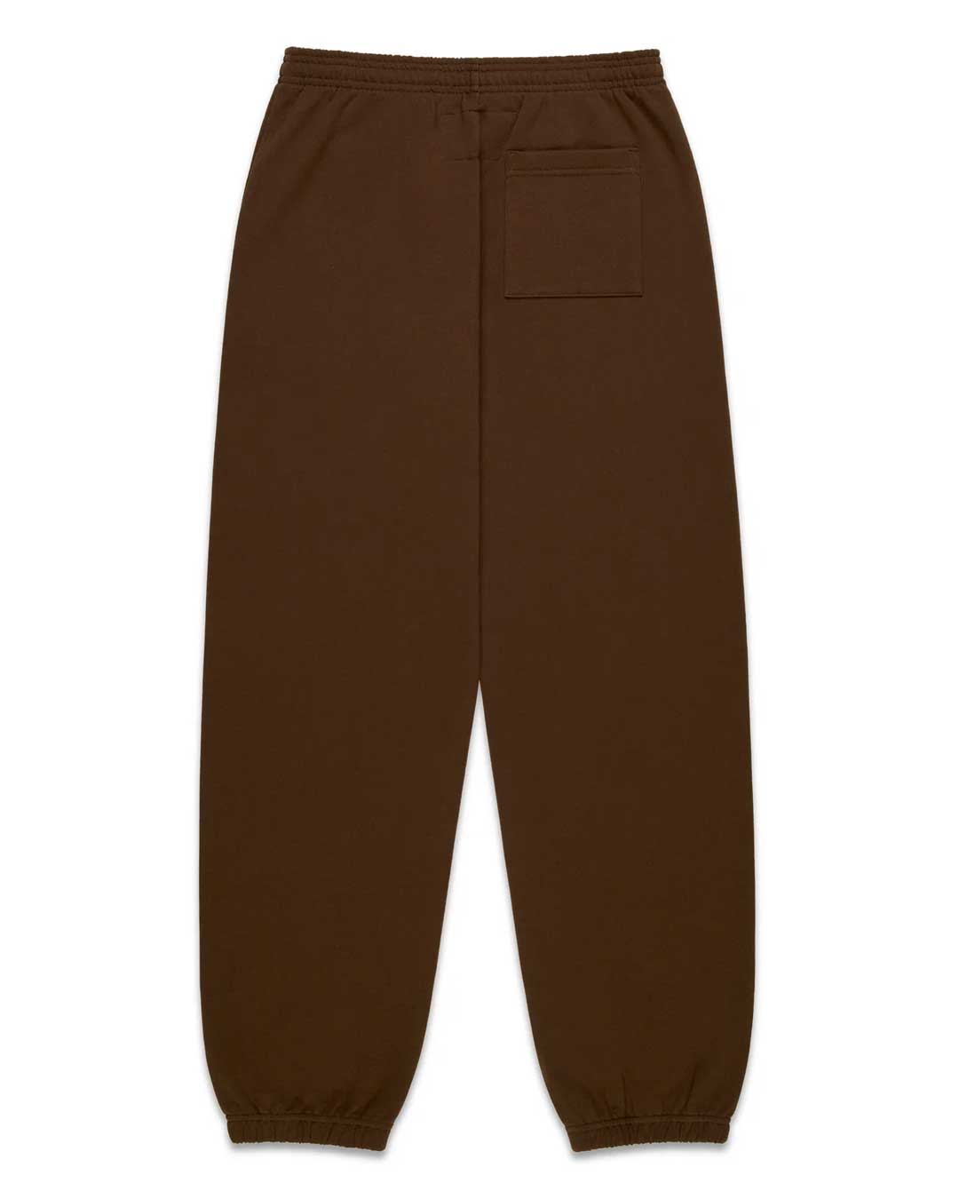 Sp5der OG Web Rhinestone Sweatpants brown, plain brown back with a single patch pocket and elastic cuffs, back view