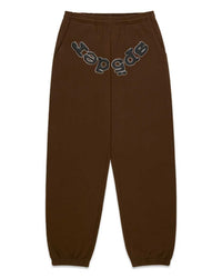 Sp5der OG Web Rhinestone Sweatpants brown, brown fleece joggers with an arched black sp5der wordmark outlined in silver rhinestones, front view