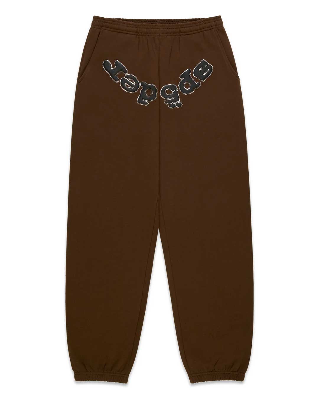 Sp5der OG Web Rhinestone Sweatpants brown, brown fleece joggers with an arched black sp5der wordmark outlined in silver rhinestones, front view