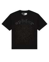 Sp5der OG Web Tee phantom black, all-black cotton tee with a tonal sp5der spider-web graphic, front view