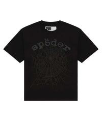 Sp5der OG Web Tee phantom black, all-black cotton tee with a tonal sp5der spider-web graphic, front view
