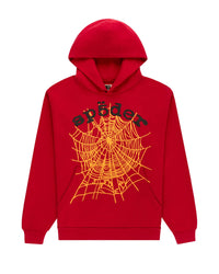 Sp5der OG Web V2 Hoodie red, fleece hoodie with a black spöder wordmark over an orange spiderweb print, front view
