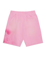 Sp5der OG Web V2 Spray Sweatshorts light pink, back patch pocket with spray-paint web graphic on the left leg, back view