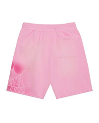 Sp5der OG Web V2 Spray Sweatshorts light pink, back patch pocket with spray-paint web graphic on the left leg, back view