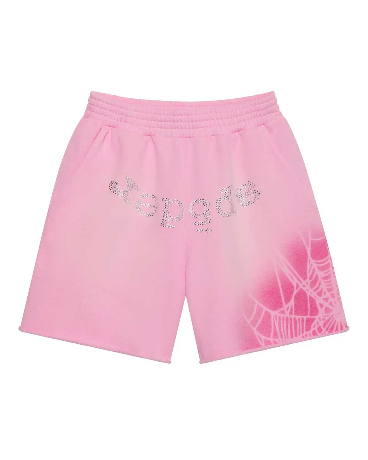 Sp5der OG Web V2 Spray Sweatshorts light pink, fleece shorts with arched rhinestone Sp5der wordmark and spray-paint web, front view