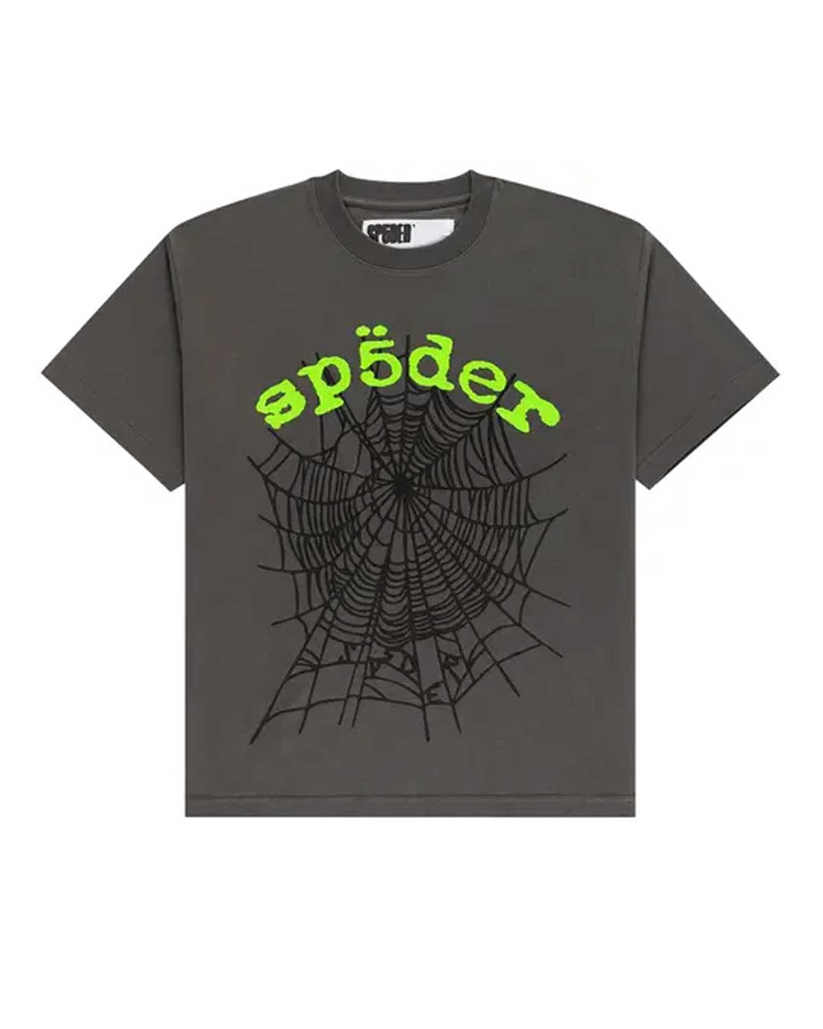 Sp5der OG Web V2 Tee Slate Grey, slate grey tee with a green sp5der wordmark over a black spider web, front view
