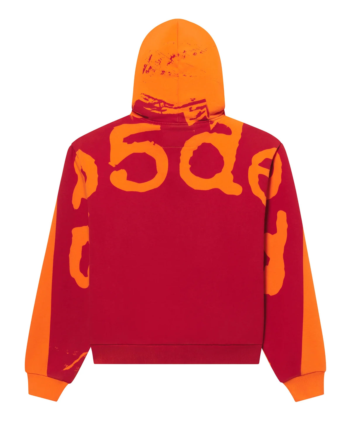 Sp5der Overprint Zip Up Hoodie tangerine orange, back view with oversized orange Sp5der lettering on a red panel