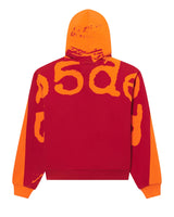 Sp5der Overprint Zip Up Hoodie tangerine orange, back view with oversized orange Sp5der lettering on a red panel