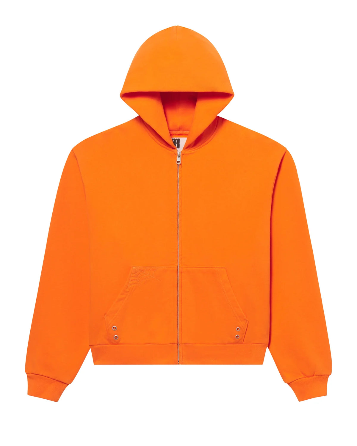 Sp5der Overprint Zip Up Hoodie tangerine orange, plain orange zip-up, front view