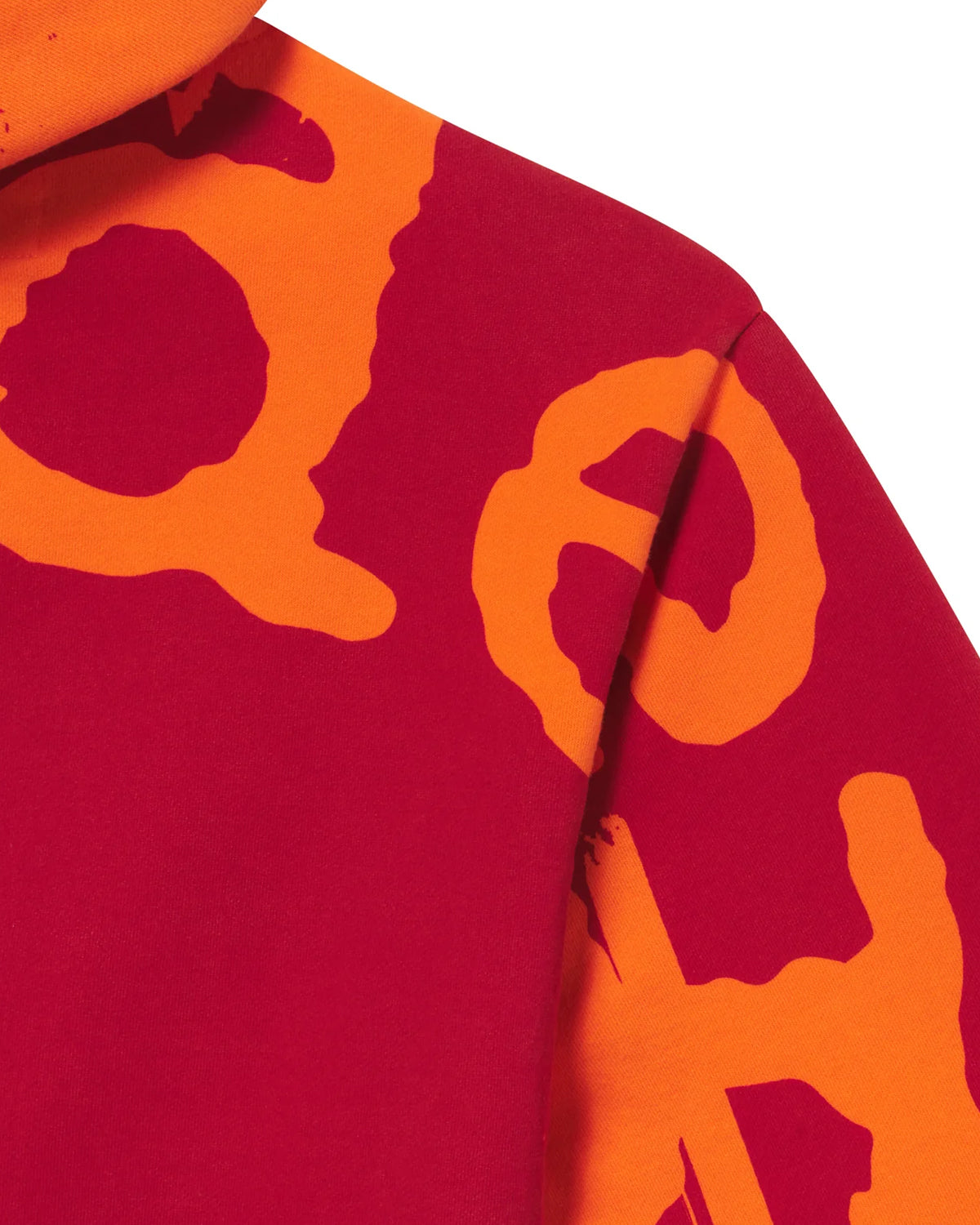 Sp5der Overprint Zip Up Hoodie tangerine orange, close-up of the oversized back lettering at the shoulder