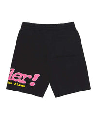 Sp5der P*nk V2 Sweatshorts black, pink bubble lettering wrapping the left leg above a back patch pocket, back view