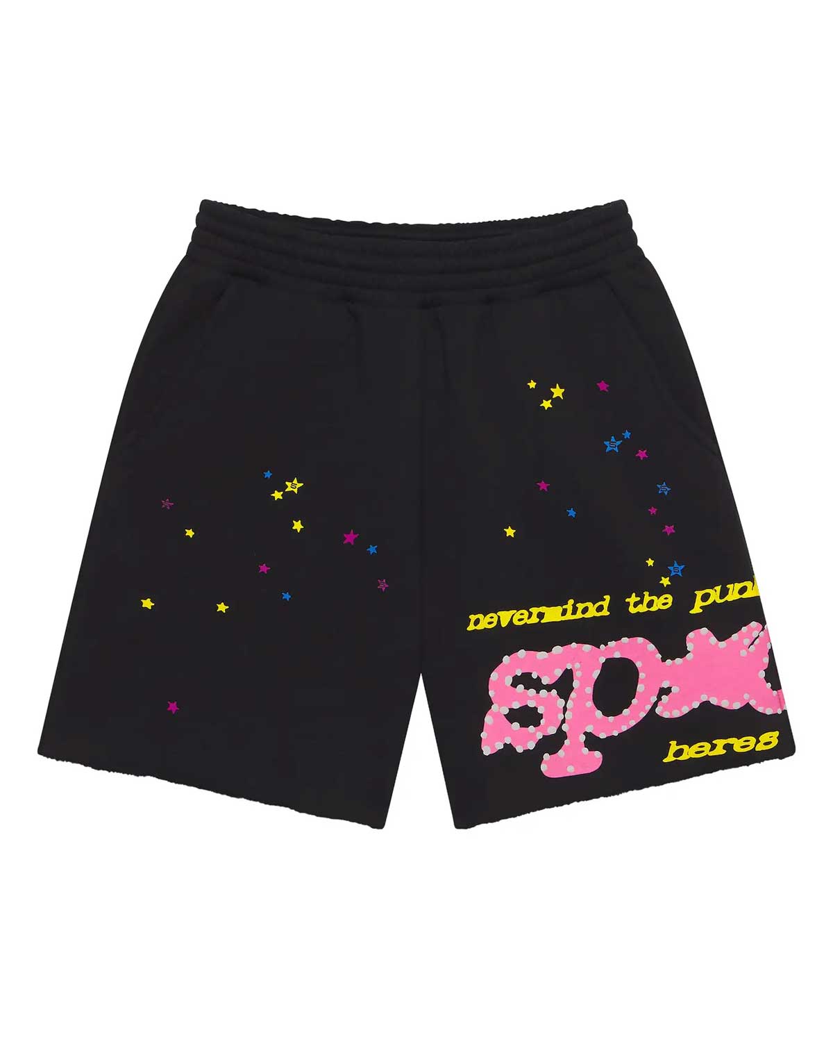Sp5der P*nk V2 Sweatshorts black, fleece shorts with pink bubble sp5der wordmark and multicolor stars, front view