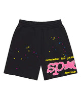Sp5der P*nk V2 Sweatshorts black, fleece shorts with pink bubble sp5der wordmark and multicolor stars, front view