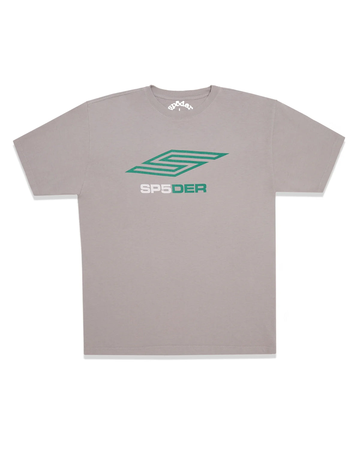 Sp5der Pro LW Tee grey, warm grey cotton tee with a green S maze logo above a SP5DER wordmark, front view