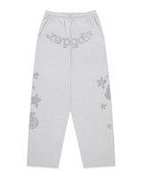 Sp5der Rhinestone Beluga V2 Wide Leg Sweatpants heather grey, grey wide-leg joggers with a rhinestone sp5der wordmark and scattered rhinestone stars, front view