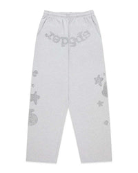 Sp5der Rhinestone Beluga V2 Wide Leg Sweatpants heather grey, grey wide-leg joggers with a rhinestone sp5der wordmark and scattered rhinestone stars, front view