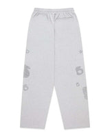 Sp5der Rhinestone Beluga V2 Wide Leg Sweatpants heather grey, back view showing rhinestone numerals and stars down both legs