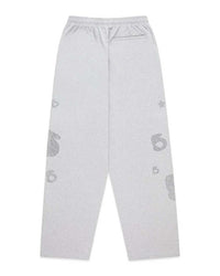 Sp5der Rhinestone Beluga V2 Wide Leg Sweatpants heather grey, back view showing rhinestone numerals and stars down both legs