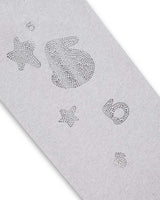 Sp5der Rhinestone Beluga V2 Wide Leg Sweatpants heather grey, close-up of the rhinestone star and numeral motifs on the leg