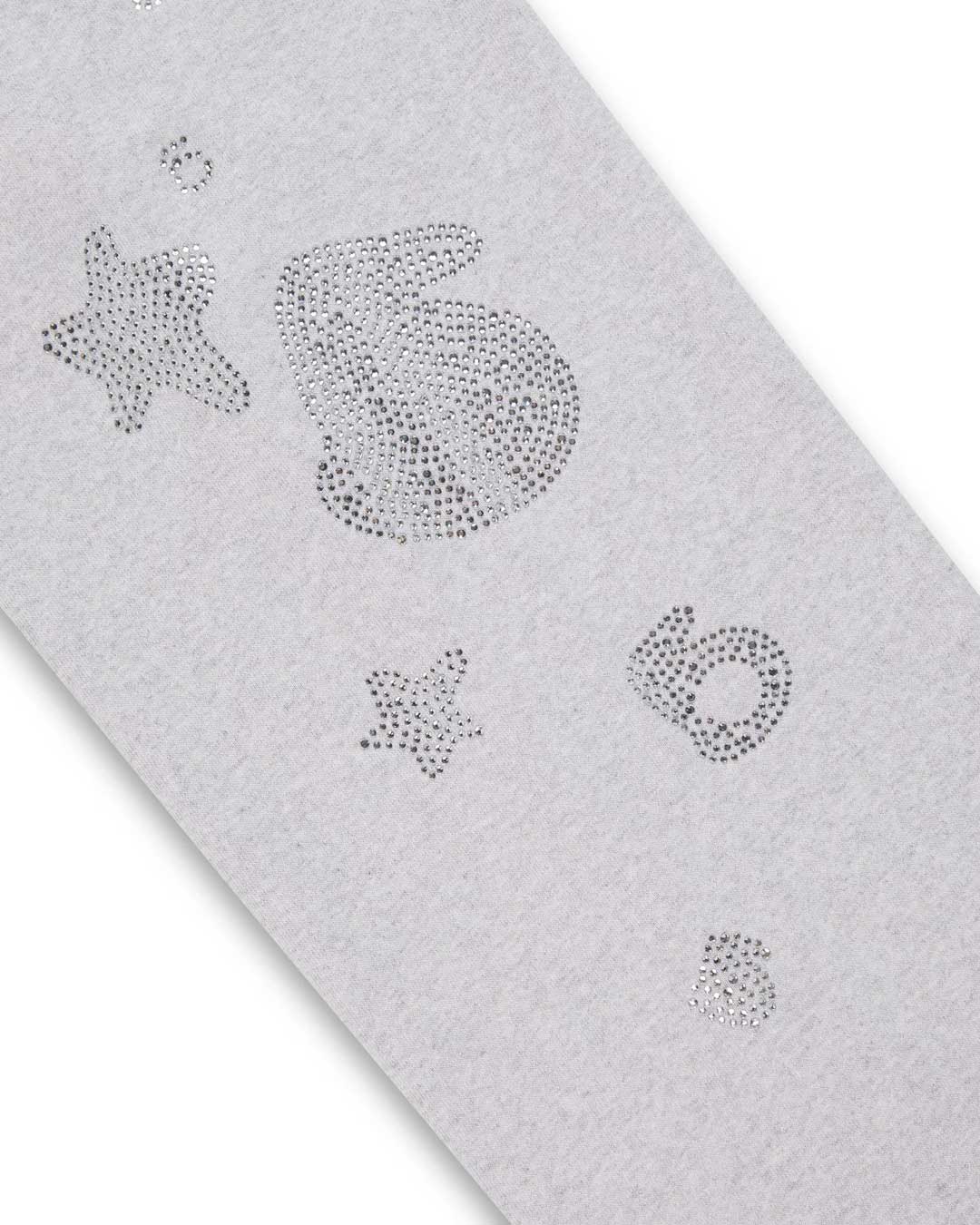Sp5der Rhinestone Beluga V2 Wide Leg Sweatpants heather grey, close-up of the rhinestone star and numeral motifs on the leg