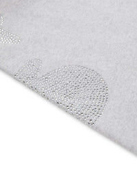 Sp5der Rhinestone Beluga V2 Wide Leg Sweatpants heather grey, angled close-up of a rhinestone motif at the hem