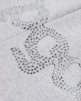 Sp5der Rhinestone Beluga V2 Wide Leg Sweatpants heather grey, close-up of the crystal rhinestone lettering