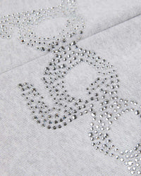 Sp5der Rhinestone Beluga V2 Wide Leg Sweatpants heather grey, close-up of the crystal rhinestone lettering