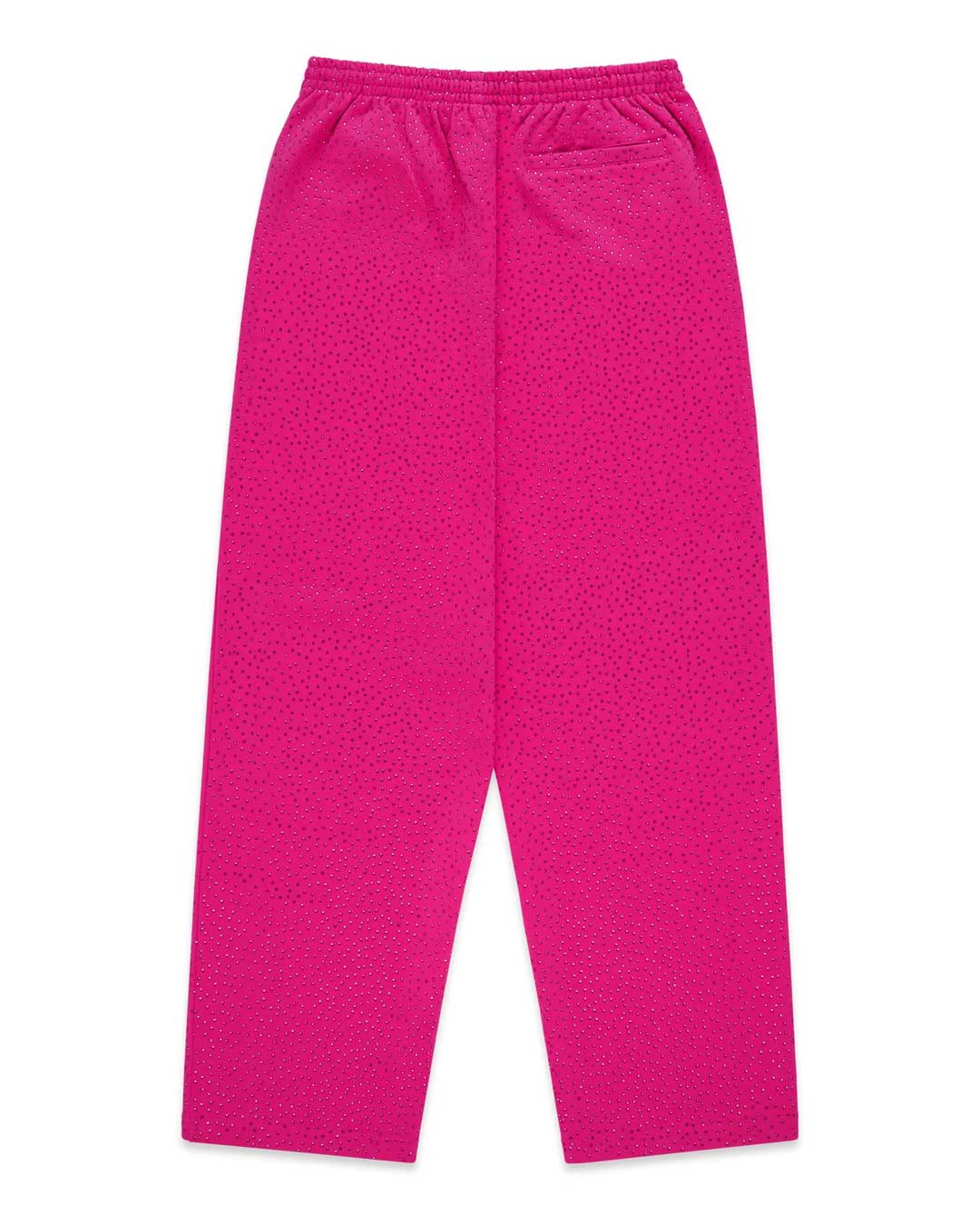 Sp5der Rhinestone OG Logo V2 Wide Leg Sweatpants pink, plain rhinestone-covered pink back with a welt pocket, back view