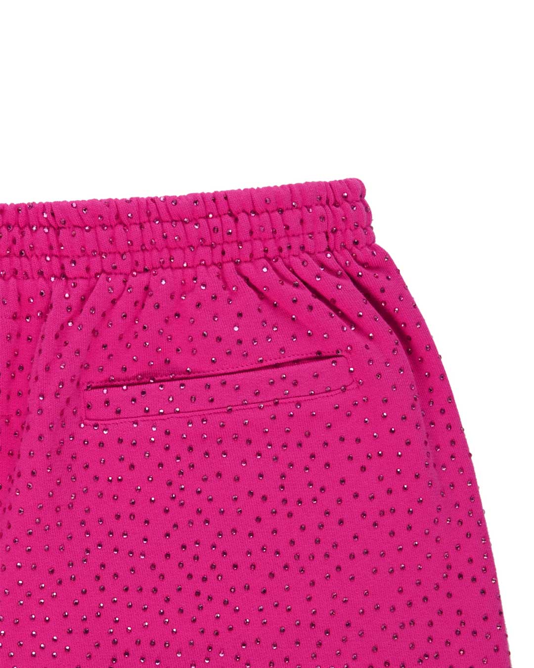Sp5der Rhinestone OG Logo V2 Wide Leg Sweatpants pink, close-up of the back welt pocket and all-over rhinestones